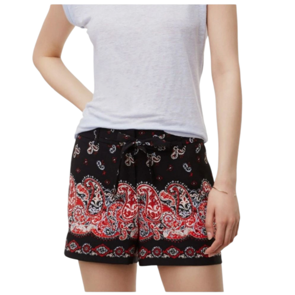 New Ann Taylor Women's Sunset Paisley Printed Tie Waist Black Red Shorts Size 4P